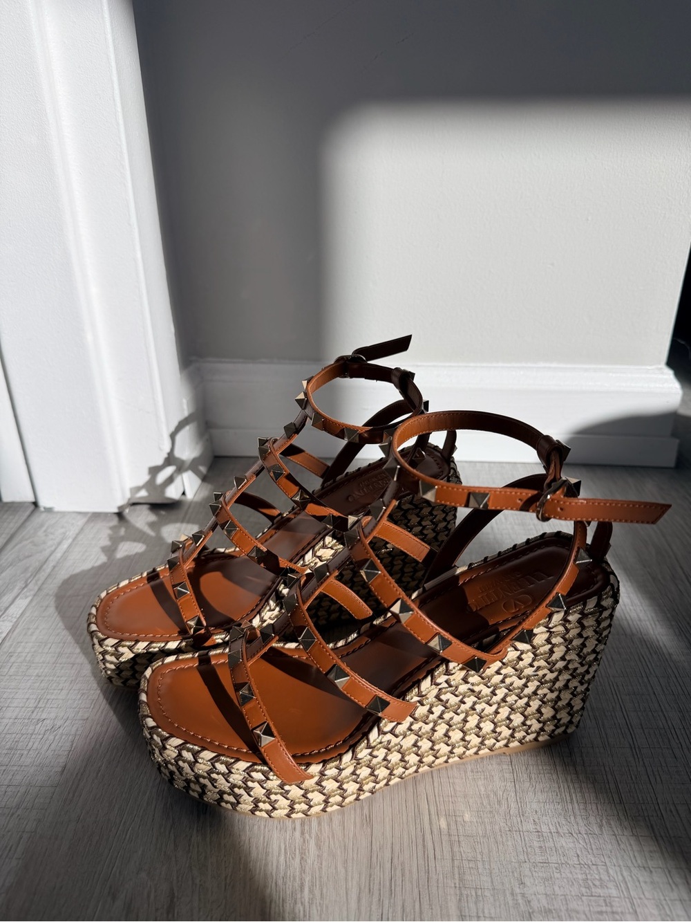 Valentino Garavani Brown Studded Espadrille Wedge Sandals